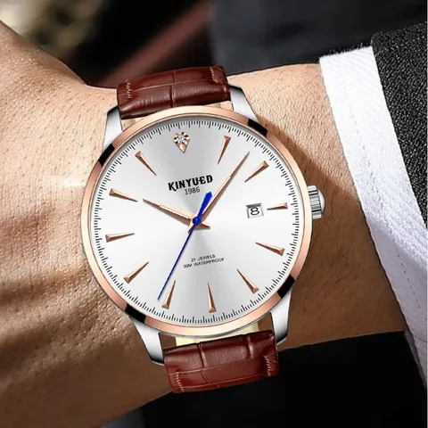 Herren Mechanische Uhr Edelstahl Echtes Leder Armband Automatisch Business Dress Armbanduhr Mit Geschenkbox