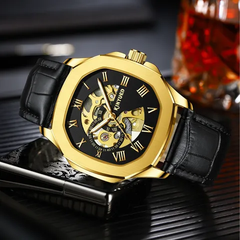 KINYUED Herren Automatische Mechanische Uhr Hohl Tourbillon Edelstahlgehäuse Lederarmband Wasserdichte Luxus Armbanduhr