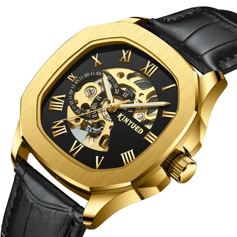 KINYUED Herren Automatische Mechanische Uhr Hohl Tourbillon Edelstahlgehäuse Lederarmband Wasserdichte Luxus Armbanduhr