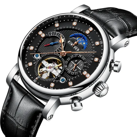 KINYUED Reloj Mecánico Automático para Hombre Tourbillon Esqueleto Diamantes de Imitación Reloj de Pulsera Caja de Acero Correa de Cuero