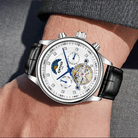 Herren Automatische Mechanische Uhr Skelett Tourbillon Edelstahlgehäuse Lederarmband Wasserdichte Armbanduhr