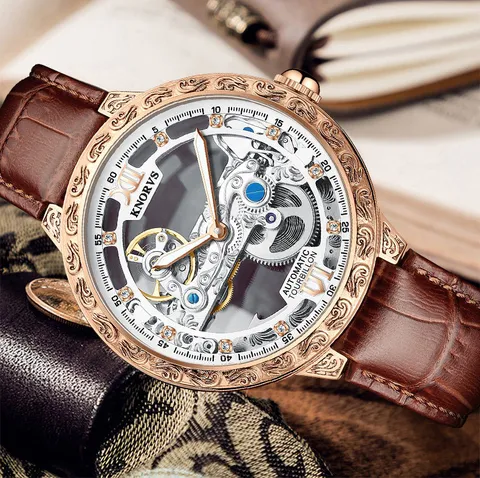Herren Automatische Mechanische Uhr Durchbrochen Geschnitzt Zifferblatt Leuchtend Business Lässig Lederarmband Armbanduhr