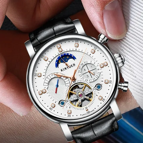 KINYUED Reloj Mecánico Automático para Hombre Tourbillon Esqueleto Diamantes de Imitación Reloj de Pulsera Caja de Acero Correa de Cuero