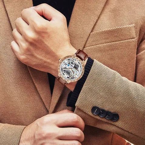 Herren Automatische Mechanische Uhr Durchbrochen Geschnitzt Zifferblatt Leuchtend Business Lässig Lederarmband Armbanduhr