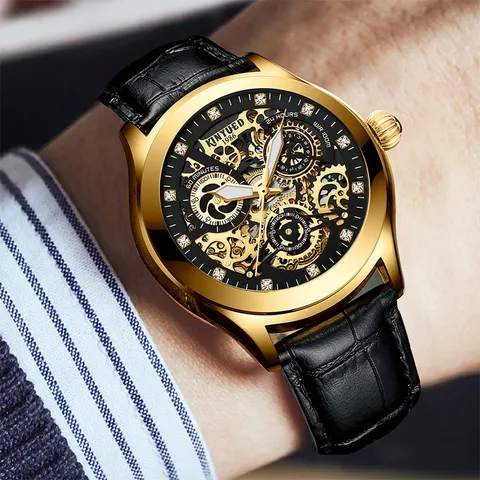 Herren Automatik Mechanische Uhr Skelett Zifferblatt Leuchtend Edelstahl Lederarmband Luxus Business Armbanduhr
