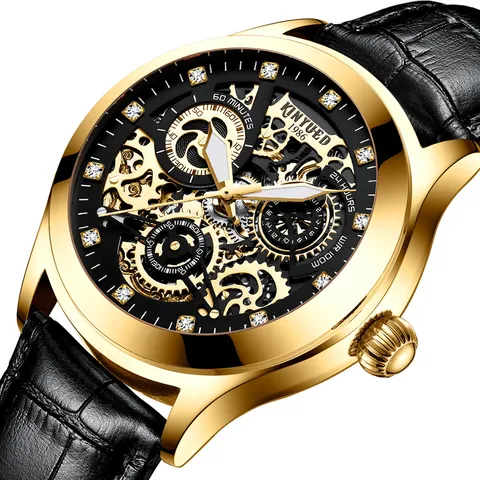 Herren Automatik Mechanische Uhr Skelett Zifferblatt Leuchtend Edelstahl Lederarmband Luxus Business Armbanduhr