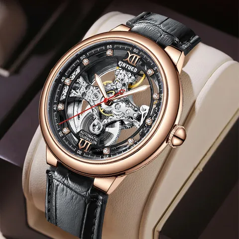 Herren Automatische Mechanische Uhr Skelettiert Transparent Zifferblatt Roségold Legierung Gehäuse Lederarmband Wasserdicht