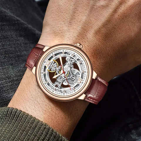 Herren Automatische Mechanische Uhr Skelettiert Transparent Zifferblatt Roségold Legierung Gehäuse Lederarmband Wasserdicht