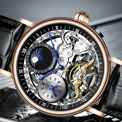 Herren Automatische Mechanische Uhr Hohles Tourbillon Business Armbanduhr Legierung Gehäuse Echtes Leder Armband Wasserdichte Herrenuhr