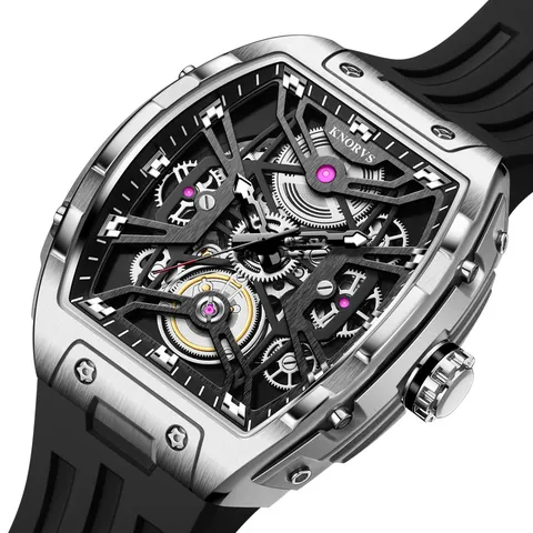 Herren Automatische Mechanische Uhr Tonneau Hohl Zifferblatt Leuchtend Wasserdicht Mode Armbanduhr Silikonarmband