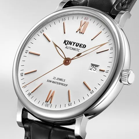 Herren Automatische Mechanische Uhr Edelstahlgehäuse Echtlederarmband 50M Wasserdicht Business Freizeit Armbanduhr