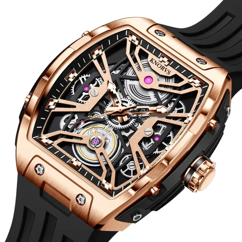 Herren Automatische Mechanische Uhr Tonneau Hohl Zifferblatt Leuchtend Wasserdicht Mode Armbanduhr Silikonarmband