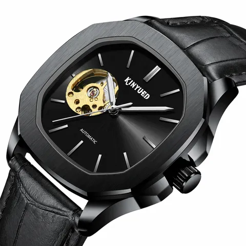 Heren Automatisch Mechanisch Horloge Opengewerkte Wijzerplaat Achtkantige Bezel RVS Kast Echt Leren Band Mode Luxe Horloge