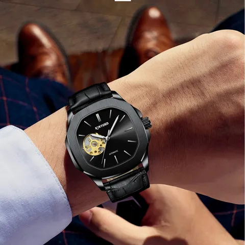 Herren Automatische Mechanische Uhr Durchbrochenes Zifferblatt Achteckige Lünette Edeltstahlgehäuse Echtes Lederarmband Mode Luxus Armbanduhr