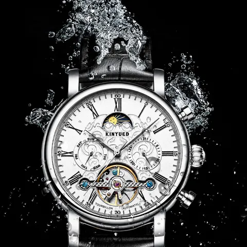 Heren Automatisch Mechanisch Horloge Zakelijk Opengewerkt Waterdicht Polshorloge Met Echt Leren Band En Maanfase