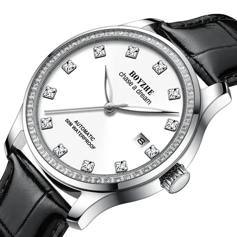 Herren Automatische Mechanische Uhr Edelstahl Echtes Leder Armband Strass Business Luxus Armbanduhr