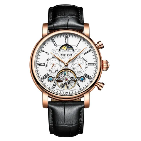 Herren Automatische Mechanische Uhr Geschäftlich Durchbrochen Wasserdicht Armbanduhr Mit Echtem Lederarmband Und Mondphase