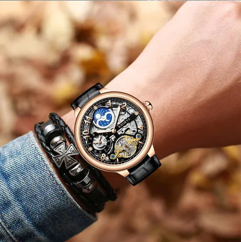 Herren Automatische Mechanische Uhr Durchbrochenes Zifferblatt Tourbillon Stil Legierung Gehäuse Echtes Leder Armband Wasserdichte Armbanduhr