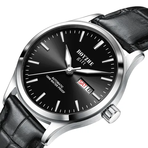 Herren Automatische Mechanische Uhr Edelstahlgehäuse Echtes Leder Armband Wasserdicht Business Armbanduhr Für Herren