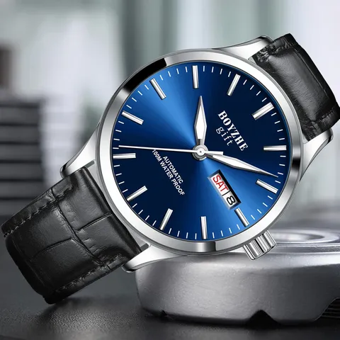Herren Automatische Mechanische Uhr Edelstahlgehäuse Echtes Leder Armband Wasserdicht Business Armbanduhr Für Herren