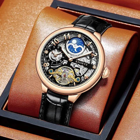 Herren Automatische Mechanische Uhr Durchbrochenes Zifferblatt Tourbillon Stil Legierung Gehäuse Echtes Leder Armband Wasserdichte Armbanduhr