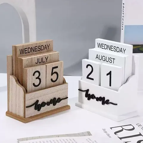 Calendario Perpetuo de Madera Creativo Retro Adorno de Escritorio Decoración de Oficina en Casa Calendario de Bloques Vintage Planificador Diario Regalo