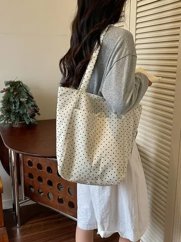 Κoreatiko Styli Casual Polka Dot Kanvas Tote Tsanta Megali Horitikotita Metakinisi Omos Maschali Tsanta Heriou Gia Gynaikes Kathimerini Taxidi