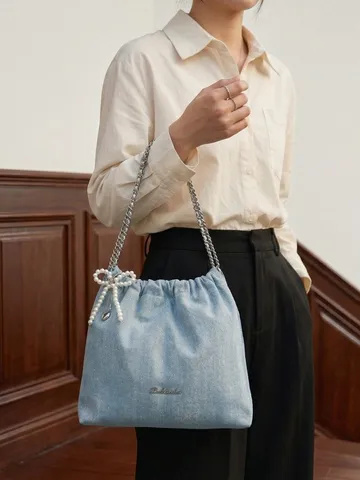 Γυναικείο Τζιν Bucket Bag Fashion Casual Τσάντα Χιαστί Ώμου Με Λουράκι Αλυσίδα Και Φιόγκο Μαργαριταρι Kordoni Tsanta