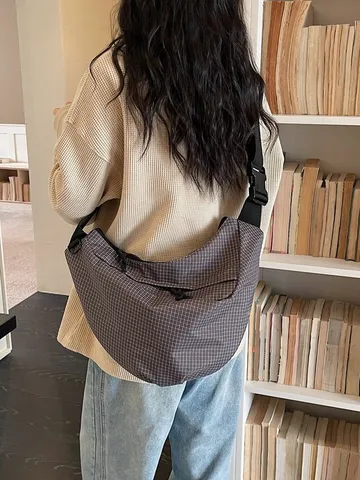 Nylon Karo Dumpling Tasche Casual Großes Kapazität Schultertasche Vielseitige Leichte Pendler Umhängetasche Für Damen