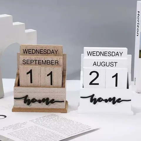 Calendario Perpetuo de Madera Creativo Retro Adorno de Escritorio Decoración de Oficina en Casa Calendario de Bloques Vintage Planificador Diario Regalo