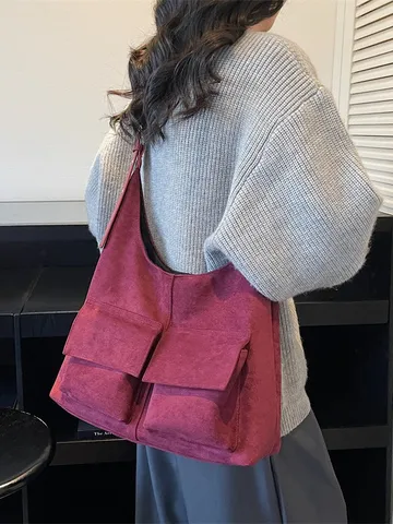 Vintage Μεγάλης Χωρητικότητας Τσάντα Tote από Σουέτ Γυναικεία Casual Τσάντα Ώμου Commuting Hobo Τσάντα Μονόχρωμη Crossbody Τσάντα