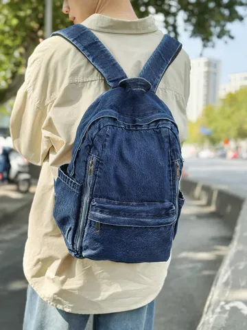 Women Casual Denim Backpack Solid Color Fashion Travel Bag School Bookbag Daily Daypack Stylish Student Book Bag