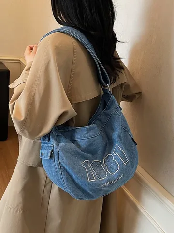 Vintage Denim Tsanta Tote gia Gynaikes Megali Choritikotita Casual Tsanta Omou me Kentimmeno Gramma Kathimerino Taxidi Tsanta Cheiros