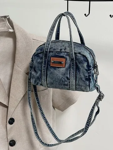 Women's Washed Denim Crossbody Bag Vintage Casual Boston Handbag Small Top Handle Shoulder Bag Retro Chic Purse
