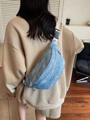 Γυναικείο Τσάντα Στήθους από Denim Μόδας Casual Χιαστί Τσάντα Street Trend Τσαντάκι Mέσης Πολυλειτουργική Τσάντα Ώμου με Fερμουάρ