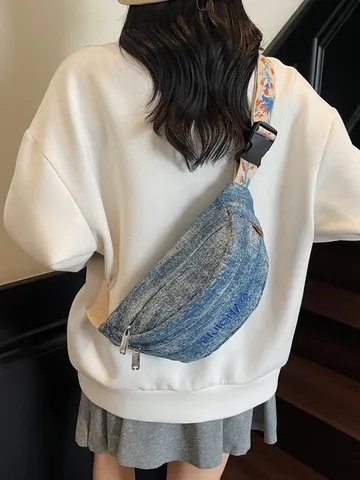 Γυναικείο Τσάντα Στήθους από Denim Μόδας Casual Χιαστί Τσάντα Street Trend Τσαντάκι Mέσης Πολυλειτουργική Τσάντα Ώμου με Fερμουάρ