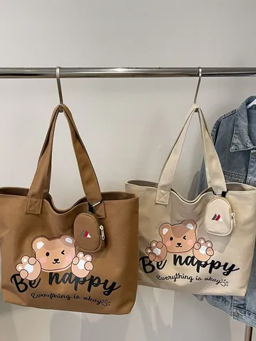 Casual Canvas Tote Bag Για Γυναίκες Μεγάλης Χωρητικότητας Τσάντα Χειρός Commuter Travel Shopper Bag Με Print Αρκούδας Και Πορτοφολάκι