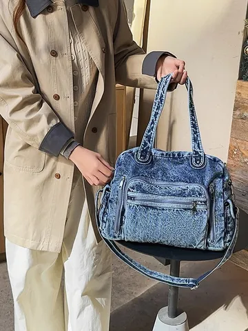 Vintage Μαλακή Τσάντα Tote από Denim Γυναικεία Μεγάλη Χωρητικότητα Τσάντα Ώμου Casual Ευέλικτη Πολλαπλές Τσέπες