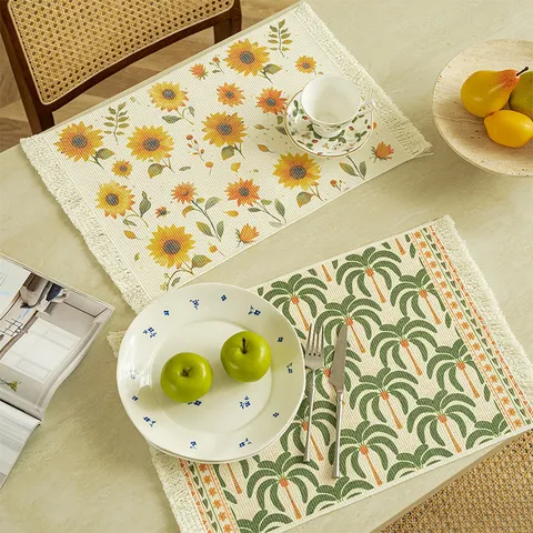 French Vintage Style Cotton Blend Place Mat Heat Insulated Table Mat With Tassel Botanical Floral Print Dining Table Decor
