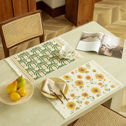 French Vintage Style Cotton Blend Place Mat Heat Insulated Table Mat With Tassel Botanical Floral Print Dining Table Decor