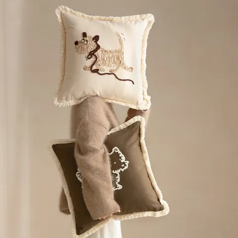 Cotton Throw Pillow Cover Decorative Cute Puppy Embroidery Cushion Case With Tassel For Sofa Living Room Bedside Home Decor