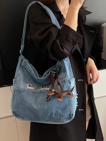 Γυναικείο Denim Tote Bag Μεγάλης Χωρητικότητας Τσάντα Ώμου Crossbody Casual Μετακίνησης Χειρός με Χαριτωμένο Κέντημα και Κρεμαστό