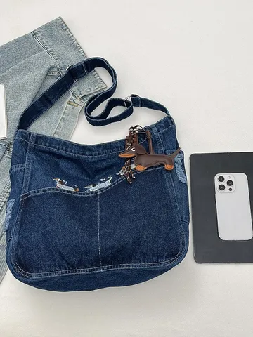 Γυναικείο Denim Tote Bag Μεγάλης Χωρητικότητας Τσάντα Ώμου Crossbody Casual Μετακίνησης Χειρός με Χαριτωμένο Κέντημα και Κρεμαστό