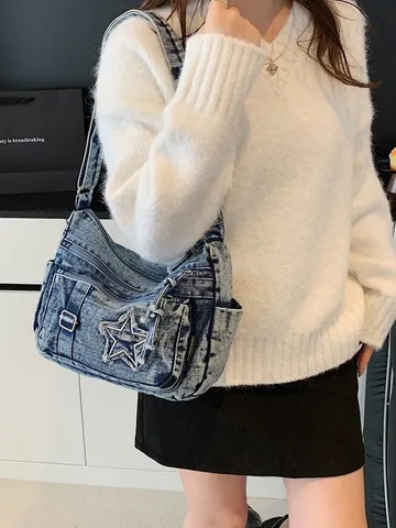 Bolso de Hombro de Denim para Mujer Bolso Crossbody Casual Moda Bolsillos Múltiples Tote Viaje Bolso de Mano Bolso de Commuter de Moda