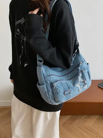Bolso de Hombro de Denim para Mujer Bolso Crossbody Casual Moda Bolsillos Múltiples Tote Viaje Bolso de Mano Bolso de Commuter de Moda