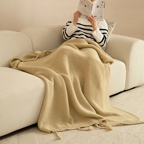 Modern Minimalist Acrylic Knitted Blanket Solid Color Fringe Throw Blanket For Sofa Bed Office Living Room Home Decor
