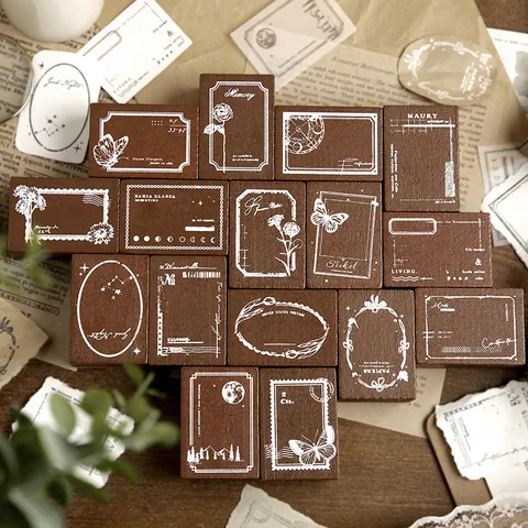 Vintage Beech Wood Stamp Set Journal DIY Decorative Rubber Stamps Retro Poetry Butterfly Flower Craft Stationery