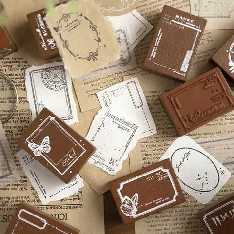 Vintage Beech Wood Stamp Set Journal DIY Decorative Rubber Stamps Retro Poetry Butterfly Flower Craft Stationery