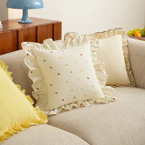 Original Ruffled Cherry Embroidered Pillow Cover Creamy Style Cute Throw Pillow Case For Living Room Sofa Bedding Home Decor
