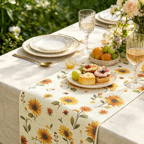 French Vintage Cotton Blend Table Runner Botanical Floral Printed Long Tablecloth with Tassels for Dining Room Home Decor
